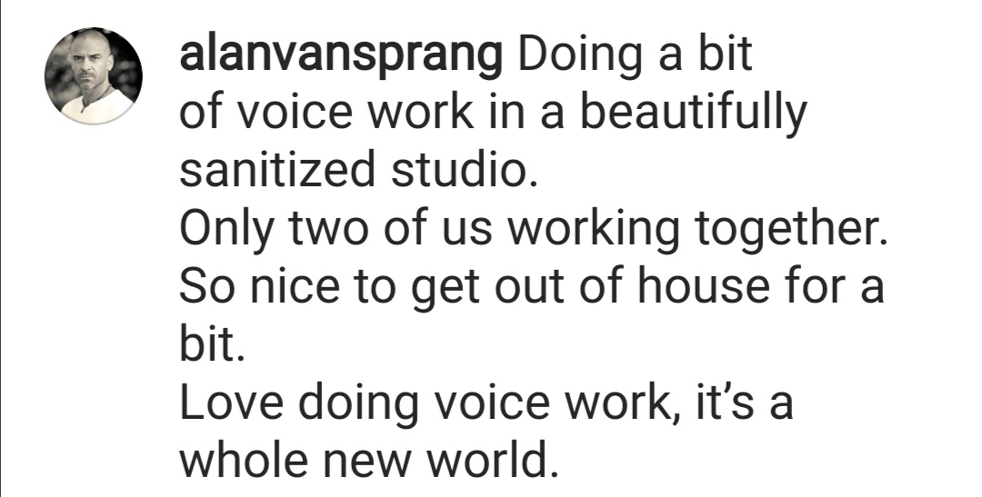 avsgermany's tweet photo. Alan via Instagram: "Mache ein wenig Synchronsprecherarbeit in einem wunderschönen sanierten Studio. Wir sind nur zu zweit. Es ist so schön einmal für kurze Zeit aus dem Haus zu kommen. Synchronisieren macht viel Spaß. Es ist eine ganz neue Welt für mich." https://t.co/gr2ALm7NS3 https://t.co/baUDTIeS3E
