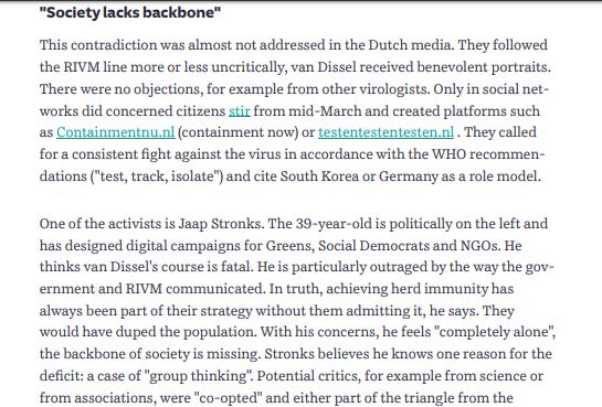 10/. The  @SZ reports that "the Dutch govt are still apparently pursing a policy of  #HerdImmunity" & their media have "followed the line given by RIVM [the Dutch SAGE] more or less uncritically.""Without a critical media, the backbone of society is missing," warns  @jaapstronks.