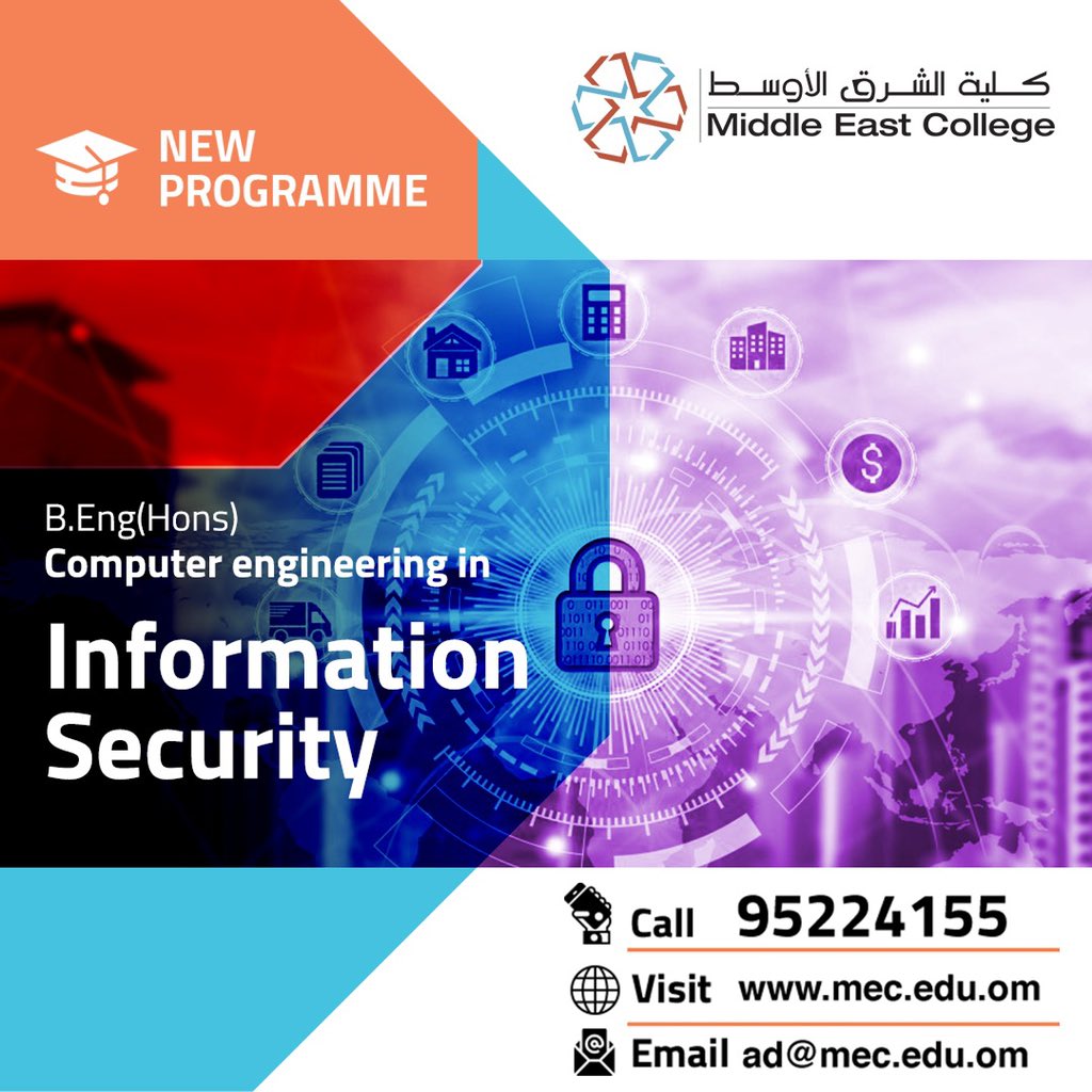 MEC_Oman's tweet photo. Start your wonderful journey to a rewarding career by earning a Bachelor’s in Computer Engineering with pathways in #Information Security at #MEC.
Call 95224155
Read more:
https://t.co/DX7n00wtmi
#New_Programme #MyMEC #MECLife https://t.co/fq24oRXC0L
