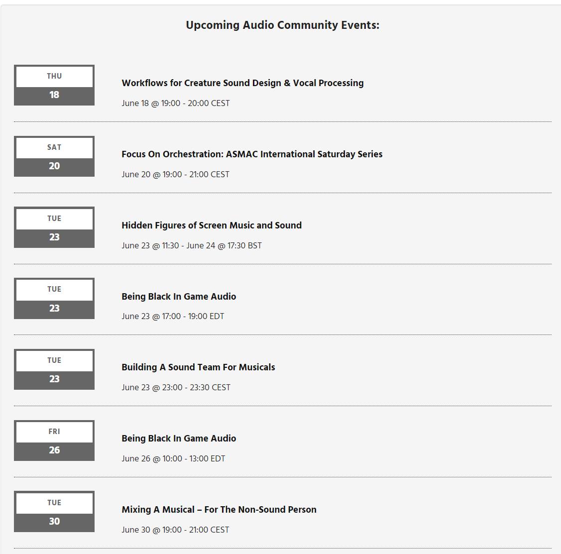 asoundeffect's tweet photo. A quick overview of the upcoming live audio events this month - find them all here: https://t.co/PpPceQkhfZ #soundtogether #liveevents #audioevents #sounddesign #soundeffects #gameaudio #filmsound #audiopost #filmmaking #indiefilm #soundcommunity https://t.co/bgjM8z7dud