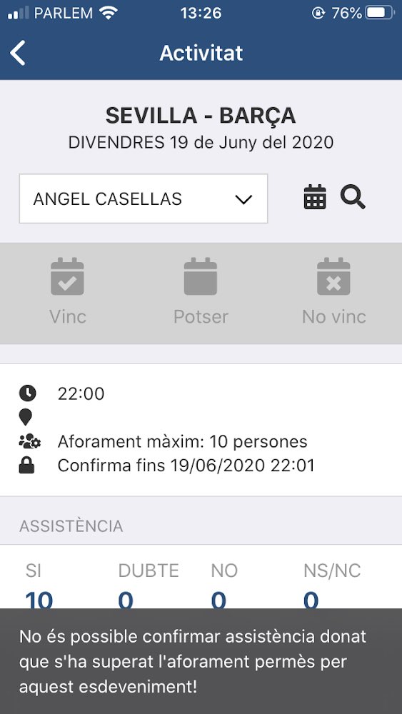 📣 Degut a que els aforaments i límits d'assistents ara són importants i necessaris, hem afegit un nou paràmetre "aforament" als esdeveniments de tipus Activitat, que farà que només es pugui confirmar assistència mentre no es superi la xifra d'assistents introduïda!

#castellers