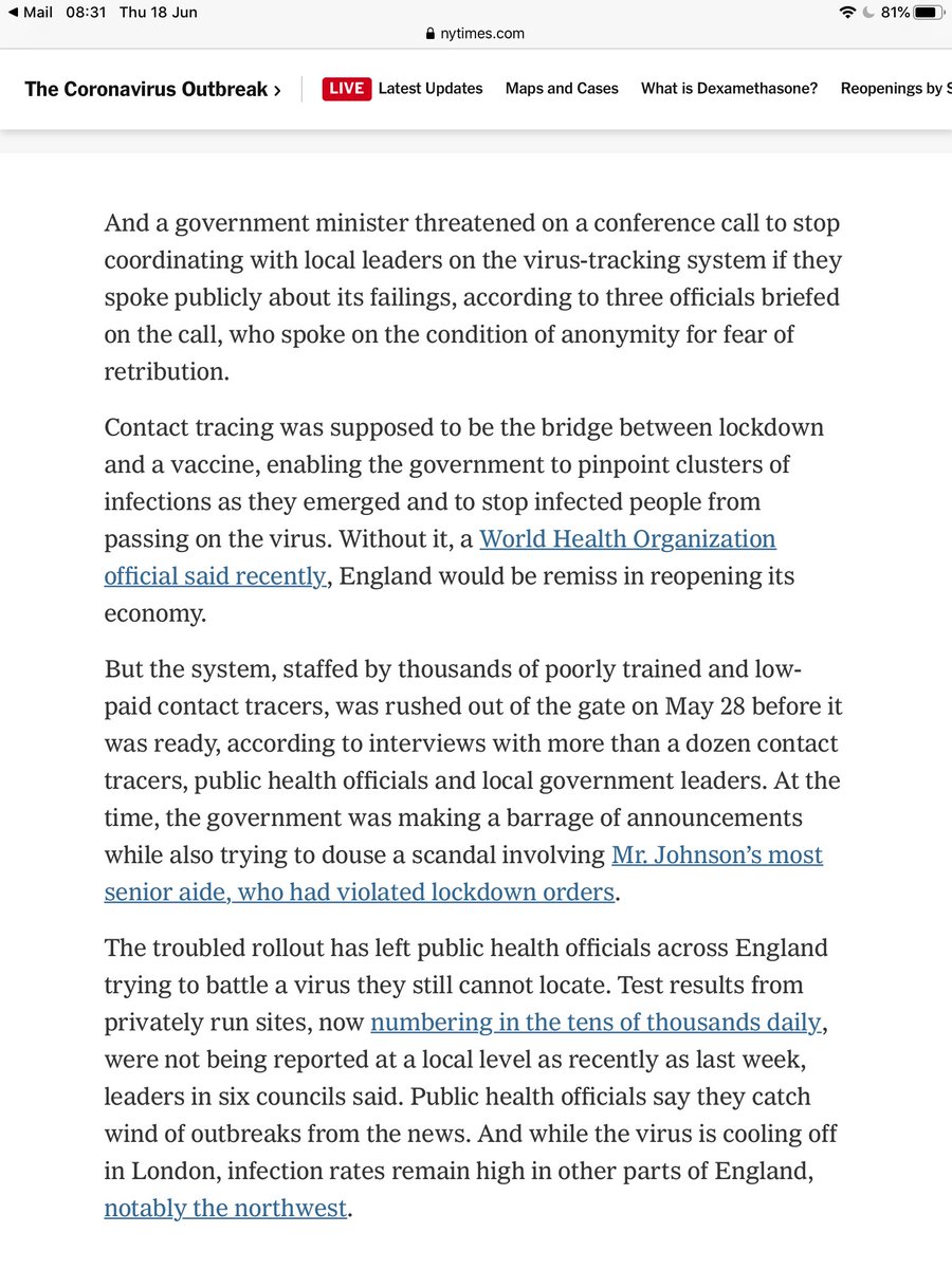 Amazing I am reading many of these details in an American newspaper.“The system, staffed by thousands of poorly trained contract tracers was rushed out the gate before it was ready..leaving Public Health officials across England trying to battle a virus they still cannot locate