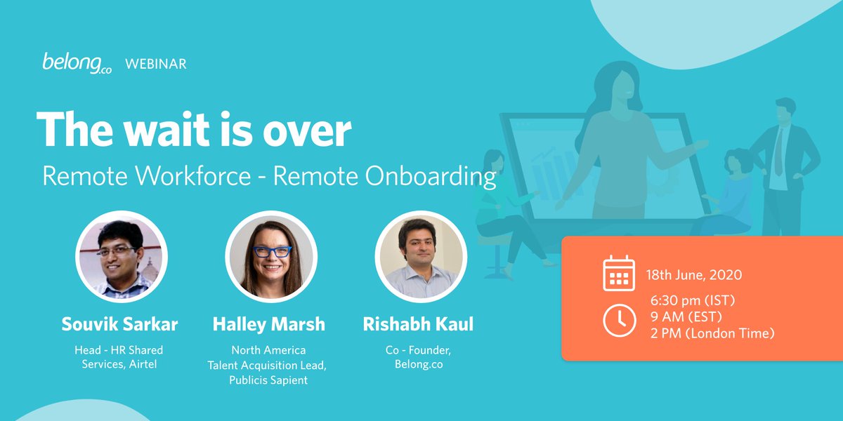Belong.co (@belongco) on Twitter photo The wait is almost over for the #onlinesession on ‘#RemoteWorkforce- #RemoteOnboarding’ with Belong's <a href="/rishabhkaul/">Rishabh Kaul</a>, Publicis Sapient’s <a href="/halleymarsh/">Halley Marsh</a>, and Airtel’s Souvik Sarkar.
Join us today from 6:30 PM to 7:30 PM IST.
Drop a comment below for the link to join the Webinar. The wait is almost over for the #onlinesession on ‘#RemoteWorkforce- #RemoteOnboarding’ with Belong's <a href="/rishabhkaul/">Rishabh Kaul</a>, Publicis Sapient’s <a href="/halleymarsh/">Halley Marsh</a>, and Airtel’s Souvik Sarkar.
Join us today from 6:30 PM to 7:30 PM IST.
Drop a comment below for the link to join the Webinar.