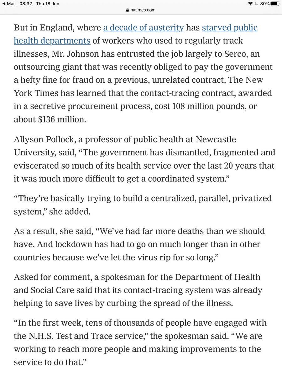 Our incompetent Government entrusted the contract to Serco who have never done public health tracing before.A company, I might add, that has been fined £1 million for one contract screw up then £19 million for its fraud re tagging of prisoners.