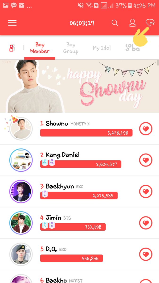 [ HOW TO GET MORE HEARTS  ]There are 2 types of CHOEAEDOL hearts,• Daily Heart: Resets at 23:30 (KST) everynight↳ Use for voting in Boy Group Rank• Ever Heart (SAVE IT): Do not reset ↳ Use for voting in SORIBADA Male Group Popularity Award @SJofficial