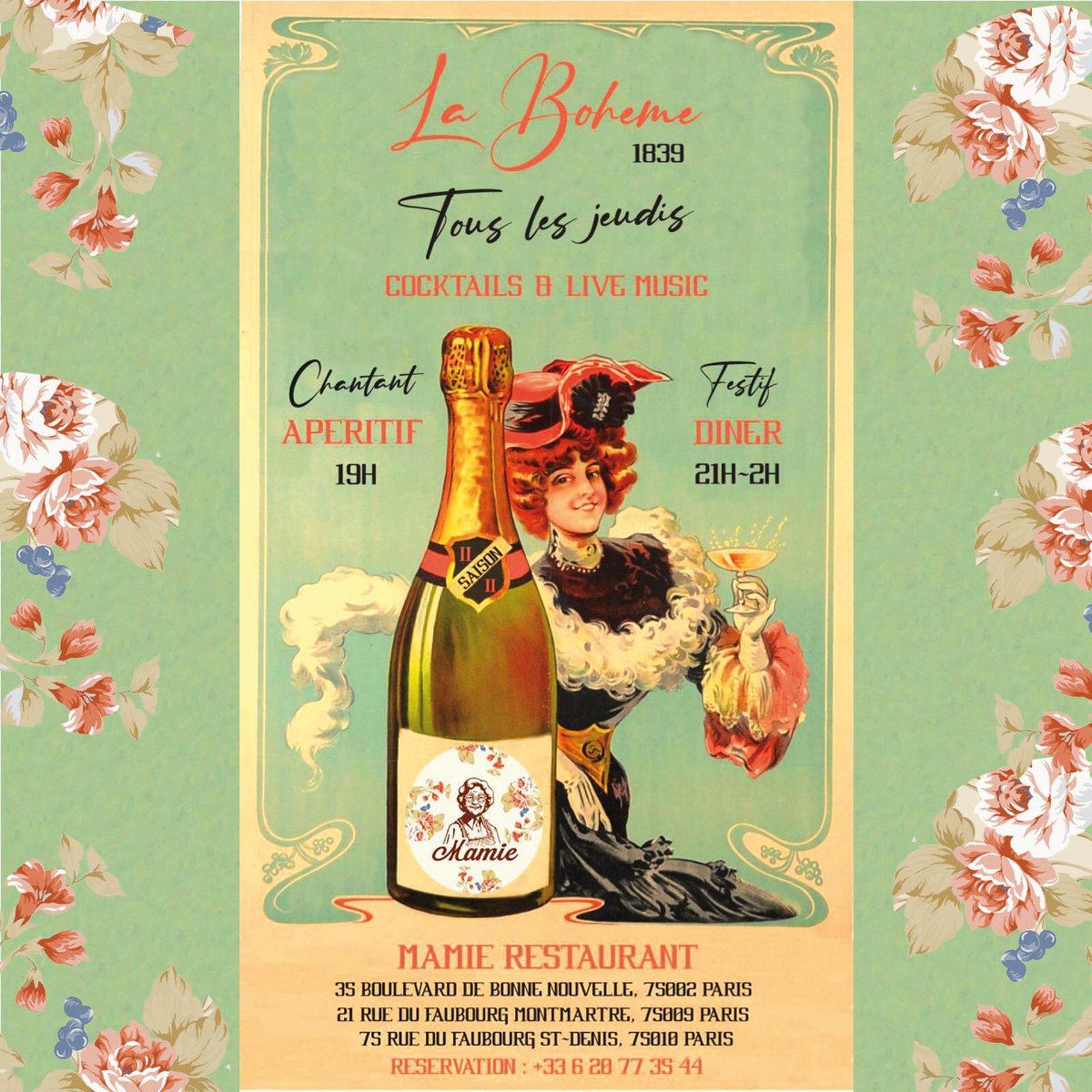Mamie à le plaisir d’accueillir tous les jeudis la soirée La boheme 1839, un dîner festif et chantant, à partir de 19h, au programme musique française, convivialité et bonne humeur 🙌🏻
#mamierestaurants #laboheme #bistro #terrasse #paris
