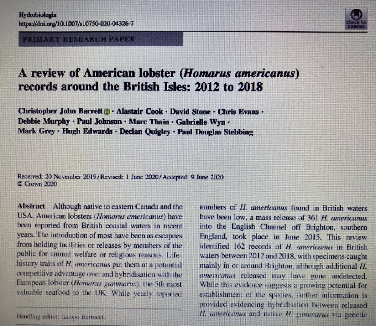 A review of American lobster (H. americanus) records around the British Isles has been published! A great collaboration piece between staff from #cefas, the MMO, APEM Ltd, Natural Resources Wales, Welsh Fishermen’s Association, DAERA, and the Sea Fisheries Protection Authority