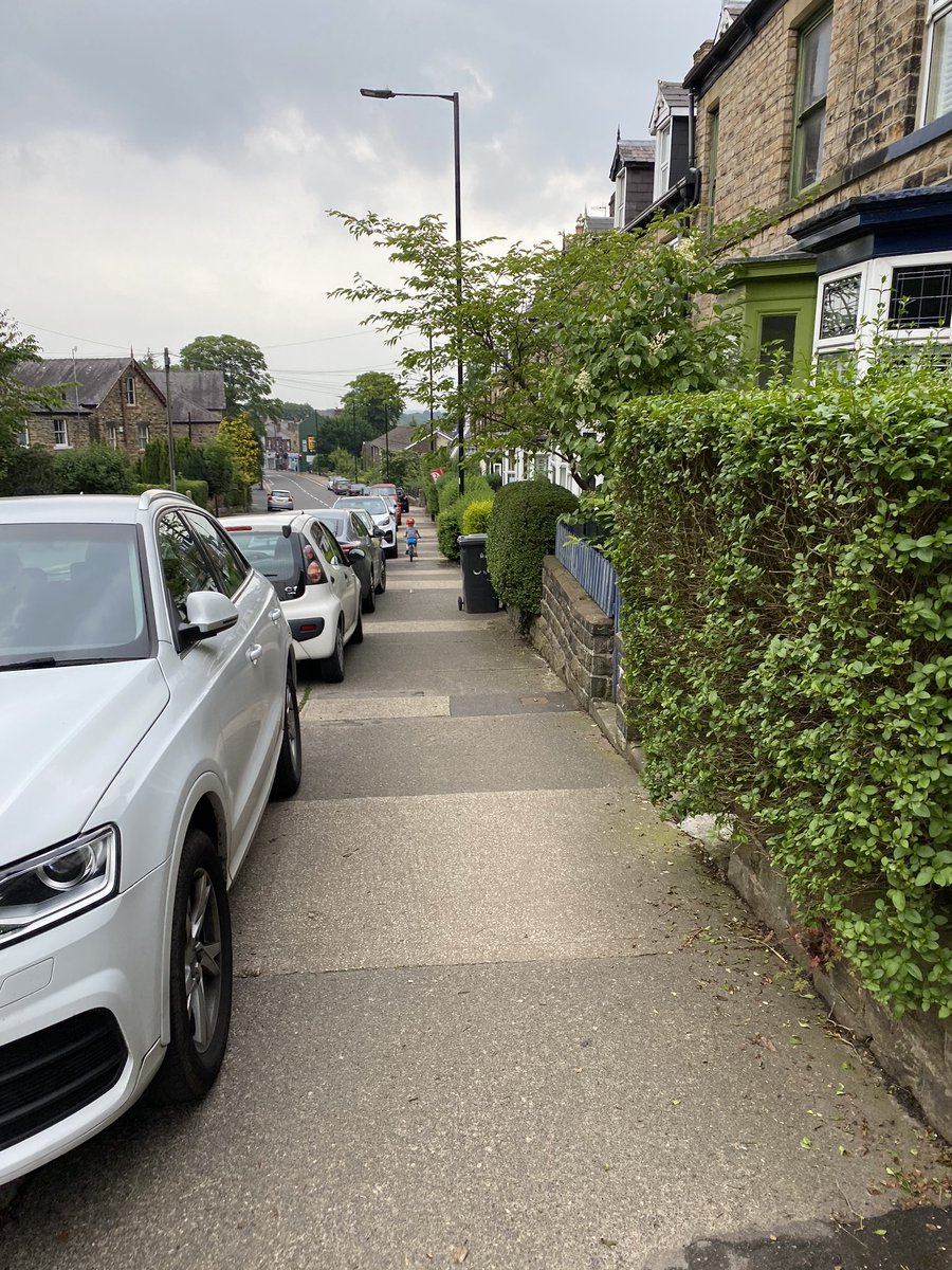 ridesheffield's tweet photo. If only there was an easy way to increase space on pavements for pedestrians? @Bob_of_Hills @CycleSheffield @SheffCouncil 
The incremental creep of cars onto the pavement is too accepted. 
#pavementsforpeople https://t.co/409dDQMBhf