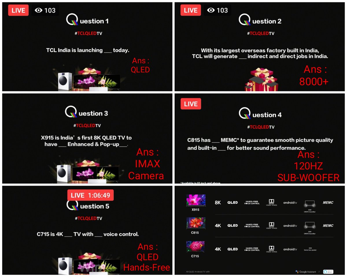 SanthiNaga's tweet image. A1) QLED TV 
A2) 8000+ Jobs 
A3) IMAX Enhanced &amp;amp; Pop up camera
A4) 120HZ, Sub Woofer 
A5) QLED, Hands-Free 
#TCLQLEDTV 
#GoBeyondYourImagination @tcl_india