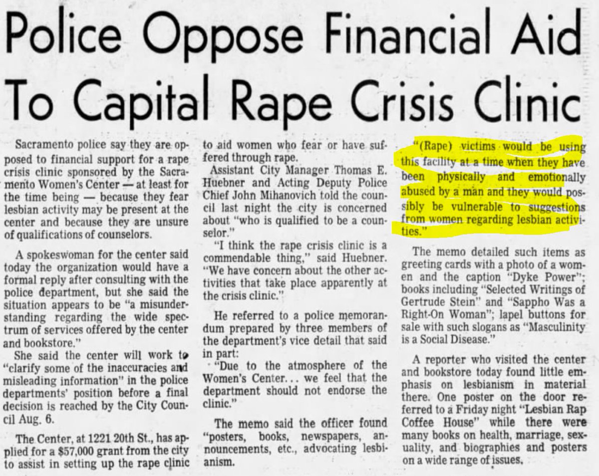 Police Oppose...Aid to Capital Rape Crisis Center (SacBee, CA) 1974-07-10 "victims would be using this facility at a time when they have been physically and emotionally abused by a man and they would possibly be vulnerable to suggestions from women regarding lesbian activities."