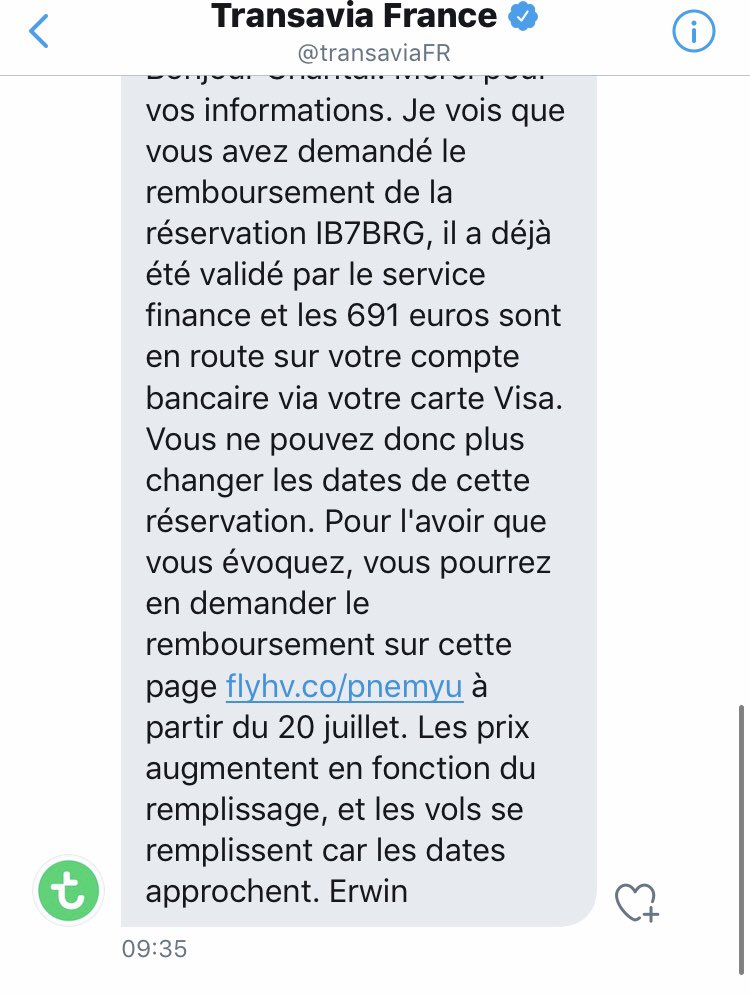 Quand <a href="/transaviaFR/">Transavia</a> vous dit en message public que <a href="/transaviaFR/">Transavia</a> peut changer vos billets gratuitement mais en DM vous dit l’inverse. Je précise avoir demandé que l’on me contacte et j’ai reçu un e-mail de remboursement ! Simplement car ils ont triplé les prix à mes dates #honte