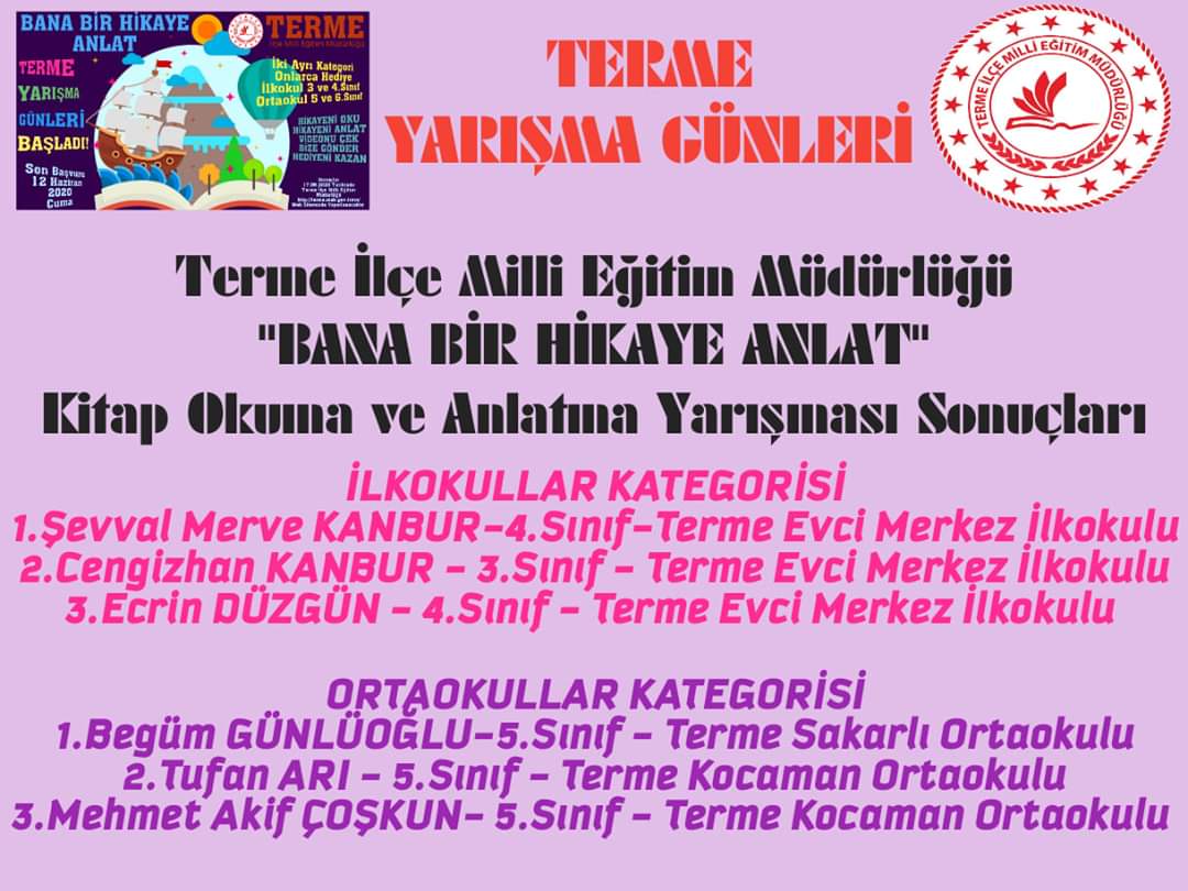5. Sınıf öğrencilerimiz Tufan Arı ve Mahmet Akif Coşkun İlçe Milli Eğitim Müdürlüğümüzün düzenlediği "Bana Bir Hikaye Anlat" kitap okuma ve anlatım yarışmasında İlçemizde dereceye girerek 2. ve 3. olmuşlardır. Öğrencilerimizi tebrik eder başarılarının devamını dileriz.