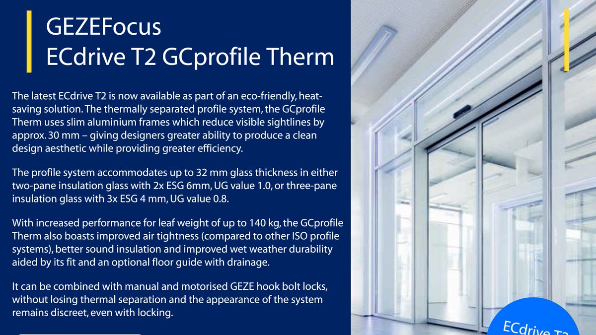 GEZE_UK's tweet photo. The new thermally efficient ECdrive T2 GCprofile Therm #AutomaticSlidingDoor provides better heat insulation, better sound insulation and with its slim profile, it looks good too. https://t.co/7u7jKR06Kv
#sustainability #ecofriendly #GEZEsolutions #energysaving https://t.co/NCxBNWU98c