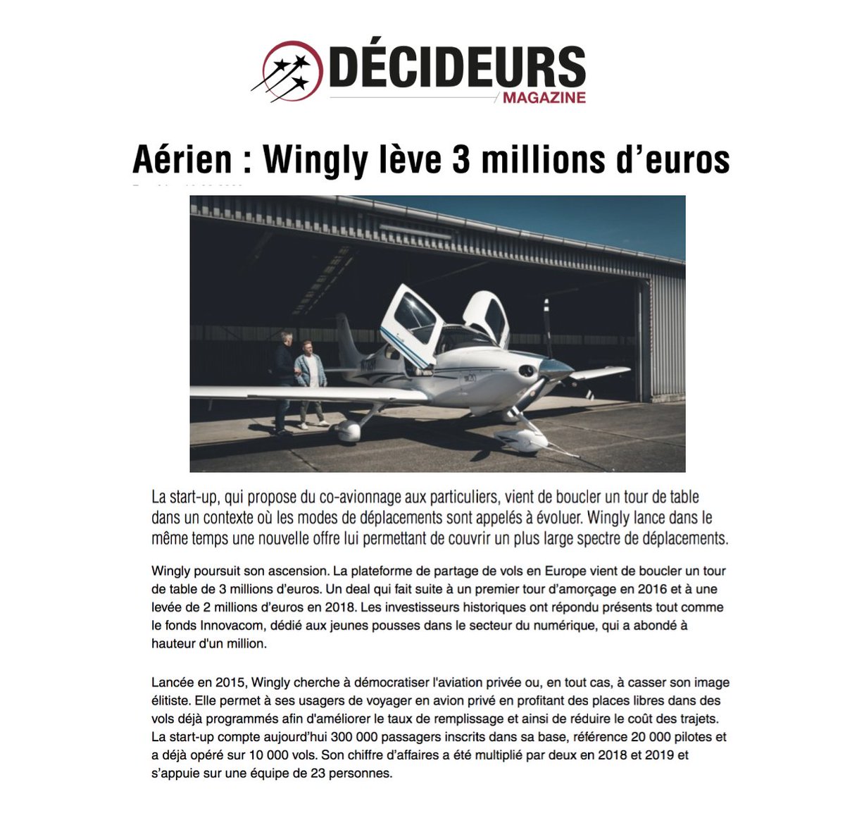 TalentShowFr's tweet photo. [ Retombées Media ]

Zoom sur les r��sultats obtenus pour @wingly_FR cette semaine! Une belle levée de fonds de 3 millions d'euros et le lancement d'une nouvelle offre #WinglyPro.

#Talentspr #rp #pr #relationsmedia #relationspresse #startup #tourisme #mobilité https://t.co/ShAoFnk5up