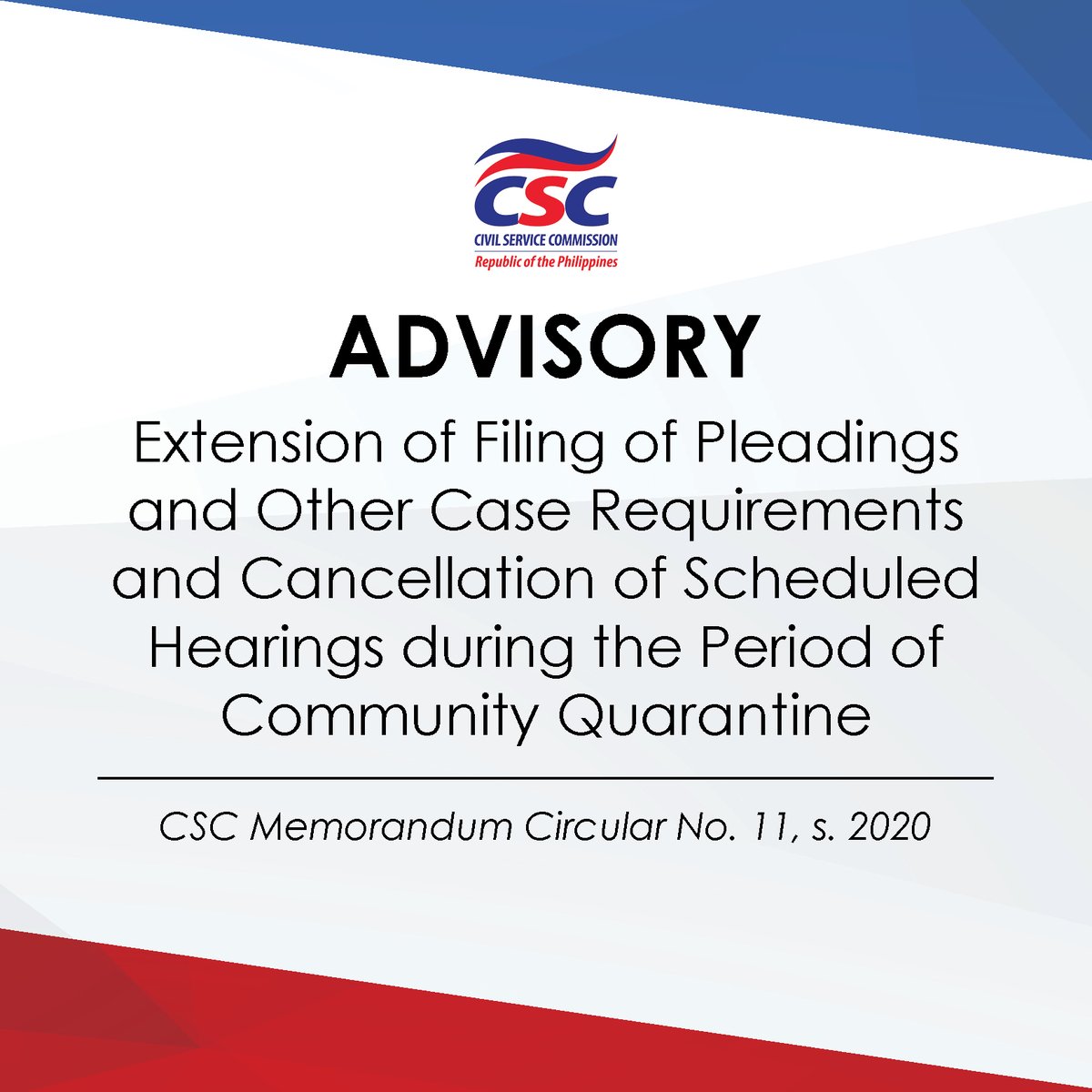 cscphmedia's tweet photo. READ: #CSC extends deadline for filing of pleadings and other case requirements.

For the full text of the advisory: https://t.co/HR2x28pxrM https://t.co/Ssw1TWDvsv