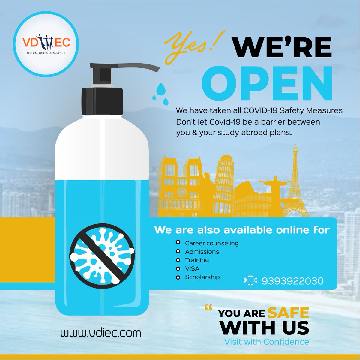 vdiechyd's tweet photo. We are open now!
We have taken all necessary COVID-19 precautions.

#ireland #canada #uk #australia #studyinuk #studyinaustralia #studyinireland #studyabroad #Hyderabad #COVID-19 https://t.co/BlxHWmzU9T