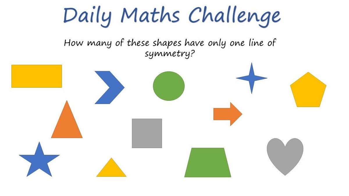 MoorePrimary's tweet image. DAILY MATHS CHALLENGE

How many of these shapes have only one live of symmetry? 

#homelearning #shapes #symmetry