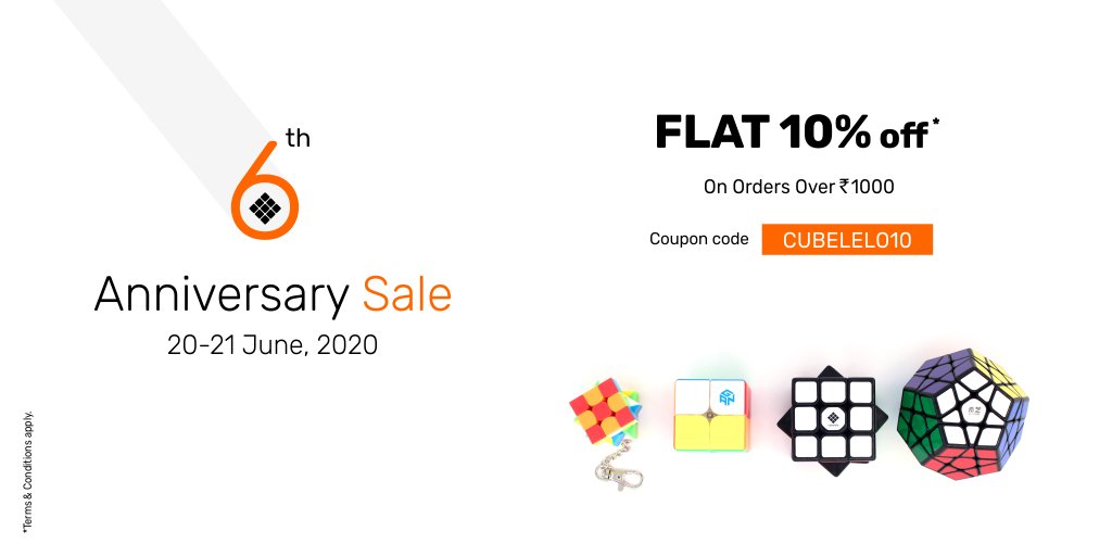 ✨Cubelelo Anniversary SALE✨ Sale starts on 20th June 2020. Use coupon code CUBELELO10 during checkout to avail 10% off for a minimum order value of ₹1000/-

#Sales #Offers #discount #discountoffer #discountcode #cubelelo #anniversarysale #anniversaryoffer #junesale #2020sale