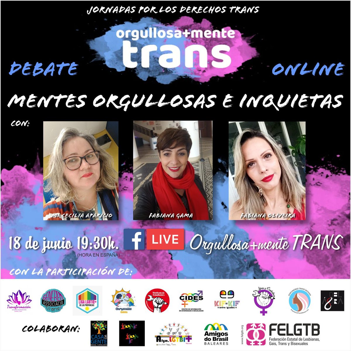 ¡Hoy comienzan las Jornadas #OrgullosaMenteTrans!

🗣️ Serán 4 días de ponencias y debates con activistas y asociaciones #LGTBI para hablar sobre las #RealidadesTRANS.

¡Sigue la programación en su página! ⬇️
facebook.com/orgullosamente…