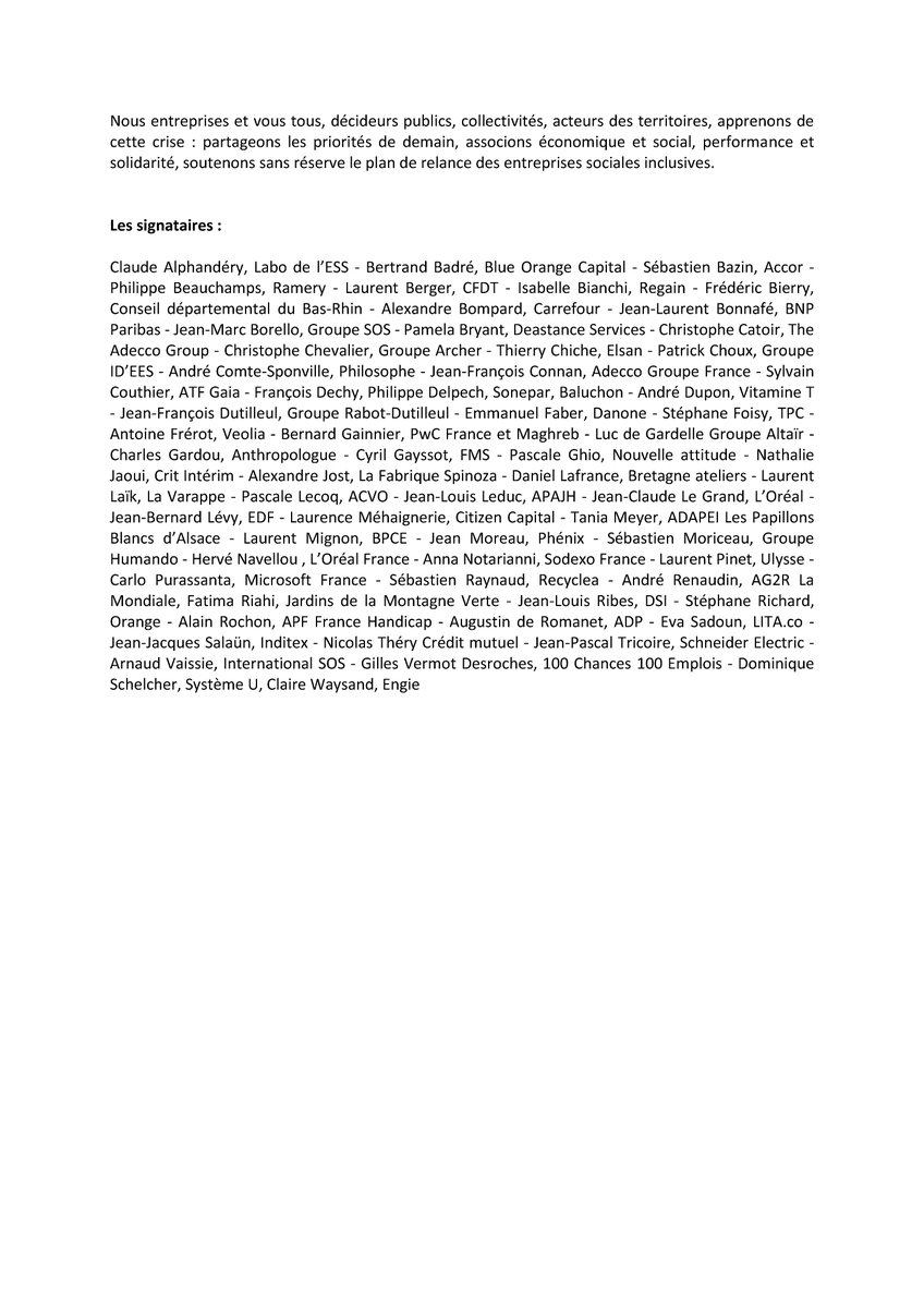 Dirigeants de structures, grands patrons, penseurs, philosophes s’engagent pour soutenir immédiatement des entreprises dont l’utilité et le sens ne font plus débats aujourd’hui. Pour une reprise économique, sociale, solidaire et durable. #Societeinclusive