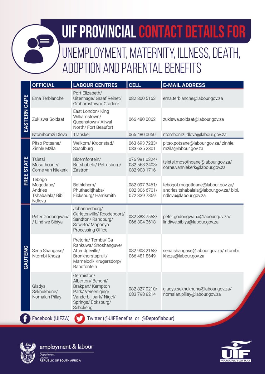UIFBenefits's tweet photo. Dear clients, please use the below contacts for enquiries about Unemployment, Maternity, Illness, Adoption, Death &amp; Parental benefits.

Kindly contact the official in your respective Province or Labour Centre.  #UIF #WorkingForYou https://t.co/PBycERzDN1