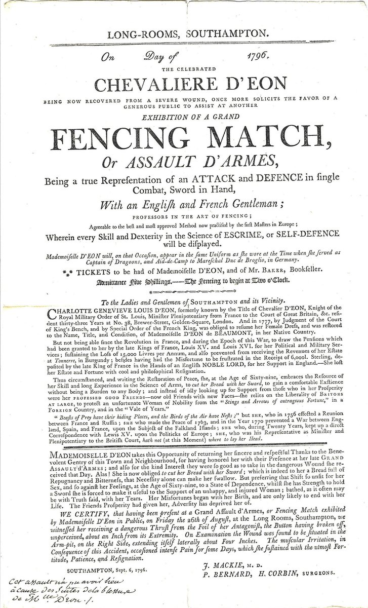 The final  #ArchiveZ of the week is F for fencing, and we want to use it to tell something of the remarkable tale of Chevalier D’Eon, mentioned here in this advertisement for a fencing match in 1796. If you don’t know about Chevalier D’Eon read on… #ExploreYourArchive