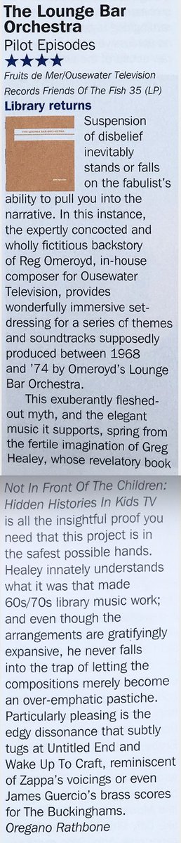 HealeyIsland's tweet photo. “Healey innately understands what it is that made 60s/70s library music work…” Excellent review of The Lounge Bar Orchestra's @BarOrchestra album Pilot Episodes by Oregano Rathbone in the new @RecCollMag https://t.co/xyeg5uQes1