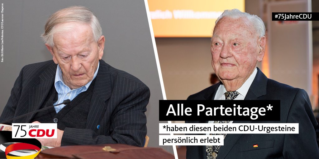 CDU's tweet photo. Günter-Helge Strickstrack (98) aus #Niedersachen und Heinz Schwarz (91) aus #RheinlandPfalz: Seit dem ersten offiziellen Bundesparteitag in Goslar 1950 haben die beiden keinen einzigen #CDU-Parteitag verpasst. Wir wünschen weiterhin alles erdenklich Gute! #75JahreCDU https://t.co/Js08D0w3Cu