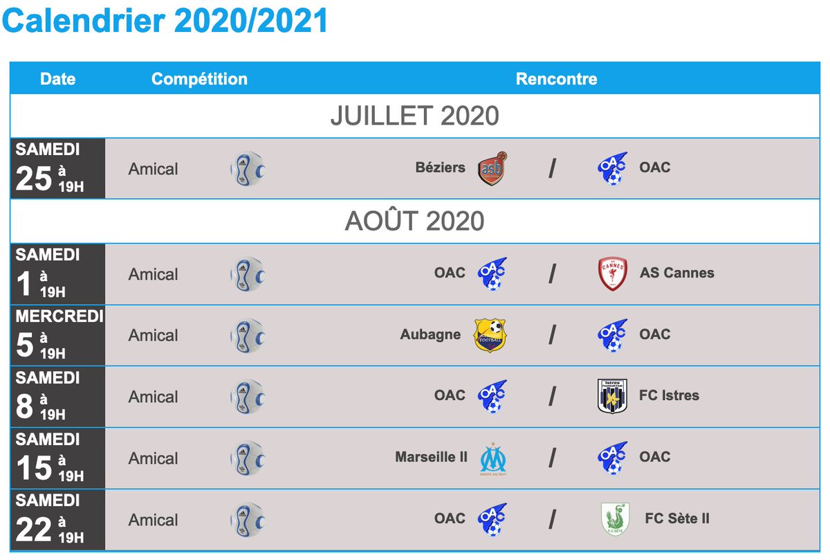 allezales's tweet photo. #National3 #Calendrier
En attendant les rencontres du championnat, le calendrier 2020/2021 est disponible avec les rencontres de préparation. L'@OACOfficiel commencera par un match contre @ASBeziersFoot le 25 juillet. #ObjectifN2
Le calendrier : https://t.co/mzbhGxliwd https://t.co/Gj0xT5EwyJ