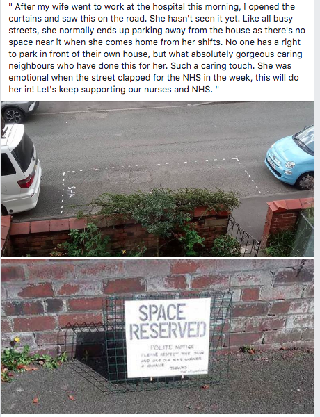 When neighbours of a nurse in  #Wigan created her own parking space to show her appreciation and ensure she could park after her shifts 