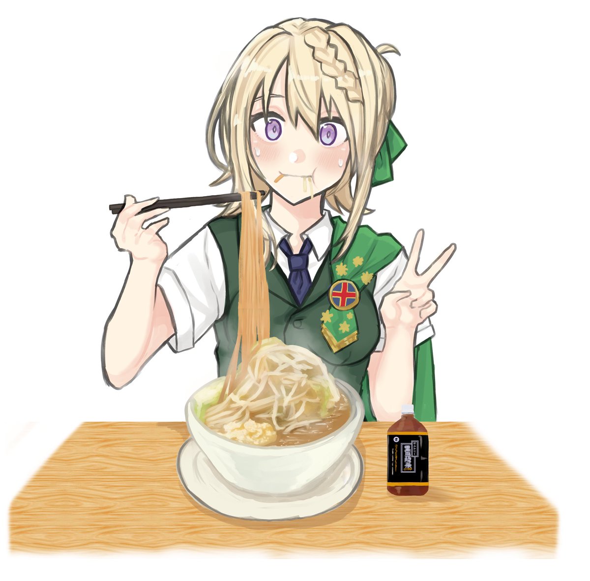 perth (kancolle) 1girl solo blonde hair chopsticks green vest food necktie  illustration images