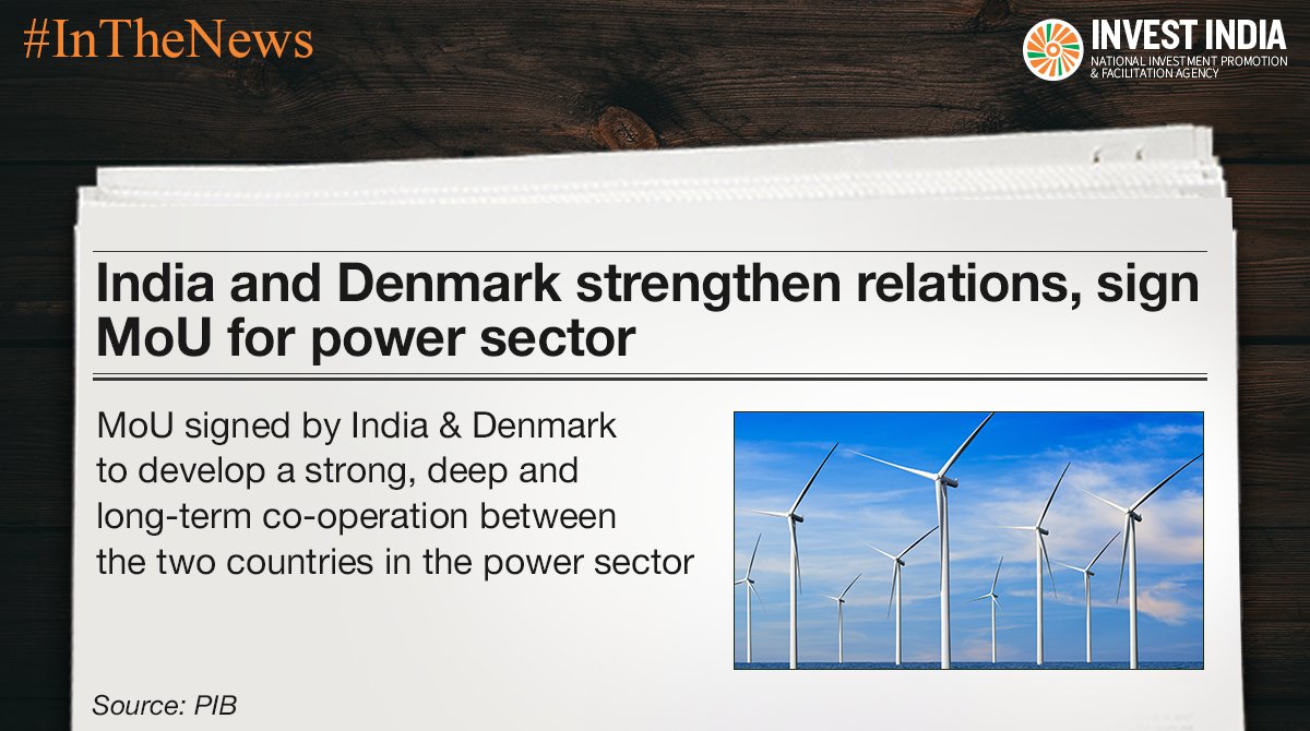 investindia's tweet photo. #InTheNews

India &amp; #Denmark have signed an MoU to collaborate in areas like offshore wind, #energy planning &amp; forecasting, and variability in #renewableenergy production - to move towards a sustainable future!
Read more: https://t.co/dX0rApxQet

#IndoDenmark #InvestIndia https://t.co/3kW53sogAr