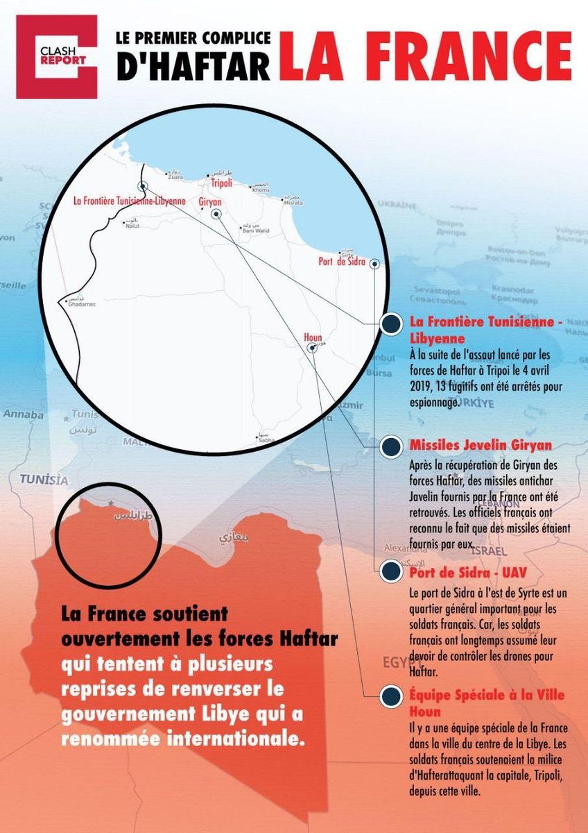 clashreport's tweet photo. #HAFTER'İN SUÇLARININ BÜYÜK ORTAĞI: #FRANSA

THE PRIME ACCOMPLICE OF #HAFTAR: #FRANCE 

LE PREMIER COMPLICE D'#HAFTAR, LA #FRANCE https://t.co/3WFN4febGR