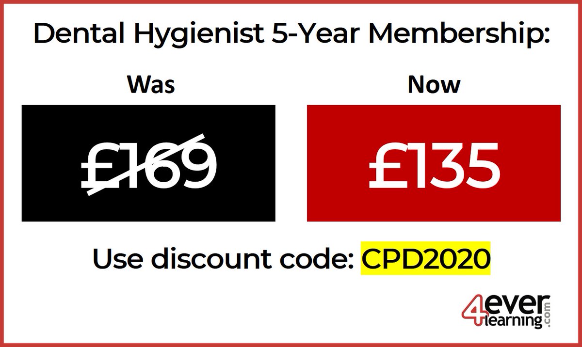 Are you a #dental #hygienist? And in need of #CPD hours? 

At 4everlearning, we're offering 5-year memberships for £135 - just £27/year. We've got all the recommended topics &amp; much, much more...

Visit 4everlearning.com/cpd-for-dental… for more info &amp; register today!