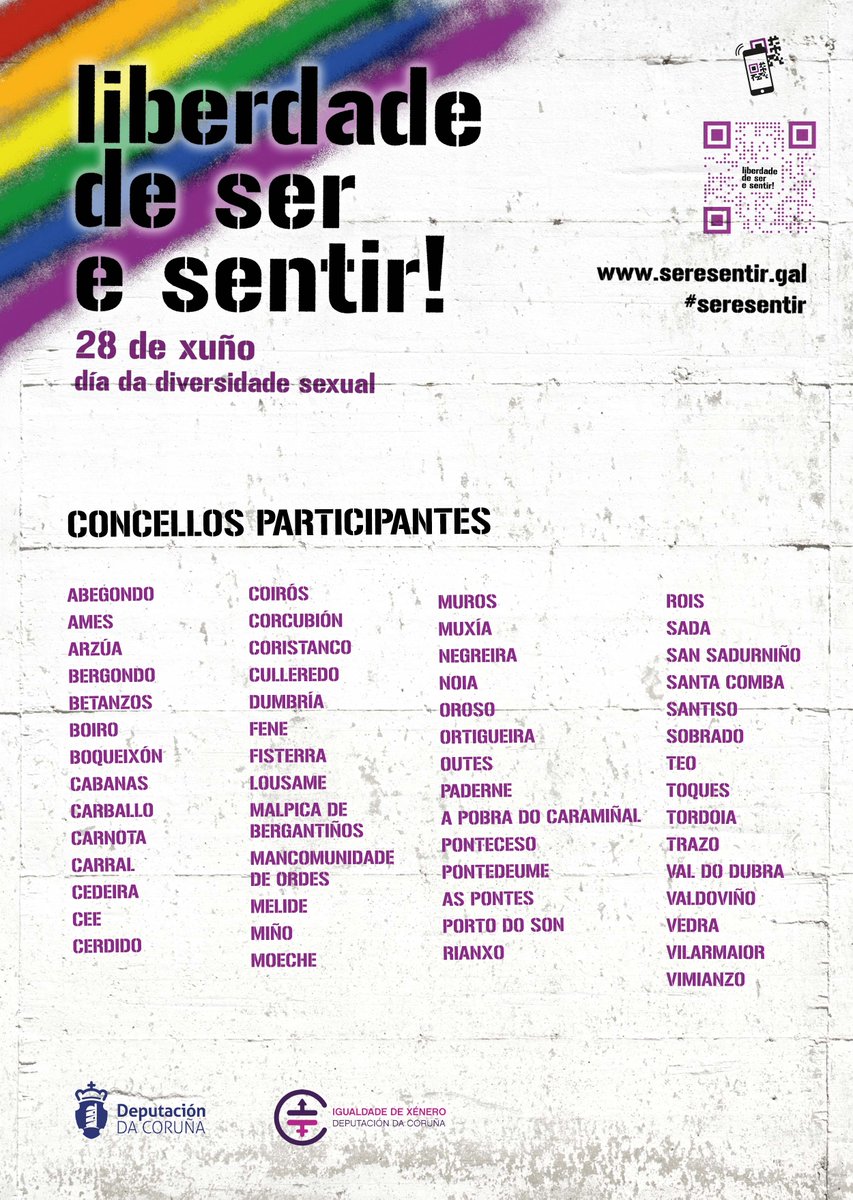 Depucoruna's tweet photo. 🏳️🌈 #ConcellosConOrgullo
👉 O 28 de xuño é o #DíadaDiversidadeSexual e desde a @Depucoruna lanzamos unha campaña de sensibilización da que forman parte 57 concellos da provincia. Liberdade de ser e sentir! reivindica o dereito á #liberdade sexual e á tolerancia das persoas. https://t.co/vAMbOZ5g6z
