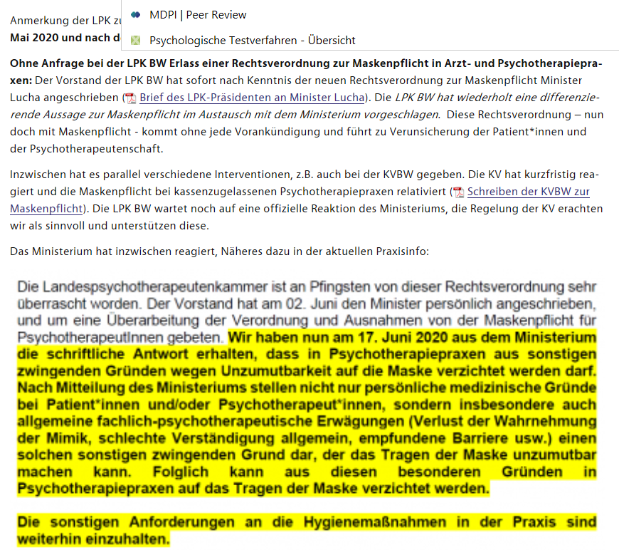 Erneute Aktualisierung der LPK BW Praxisinfo #Corona und #psychotherapie, speziell hier bzgl. Verordnung des <a href="/MSI_BW/">Sozialministerium BW</a> zur #Maskenpflicht auch in Psychotherapiepraxen (vom 29.05.2020). Unter: lpk-bw.de/news/2020/coro…