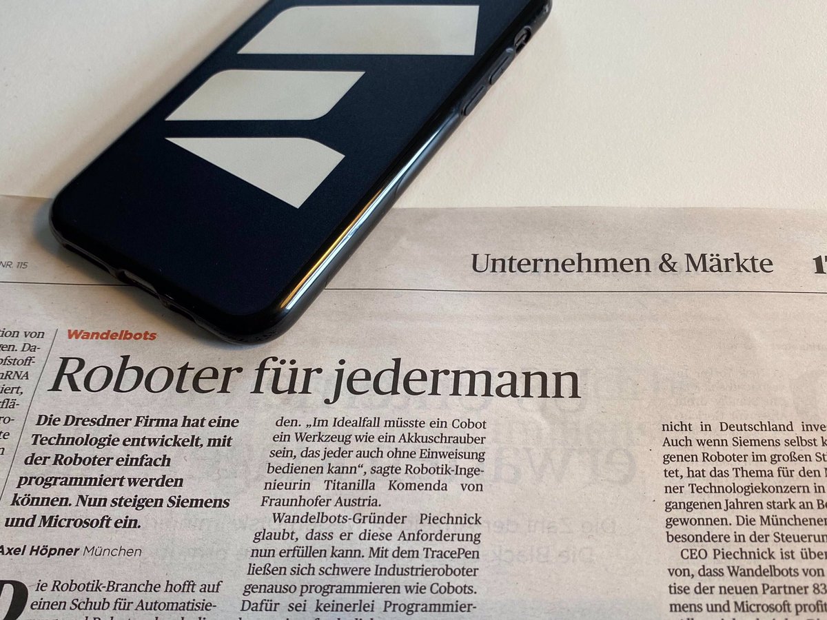 wandelbots's tweet image. Have you read today’s issue of Handelsblatt Newspapers? 🤩
There’s an entire page filled with an exciting story about #wandelbots and how we’re making #robotprogramming available for everyone!🦾
Check it out or read the online version here: bit.ly/2BkC9Y2