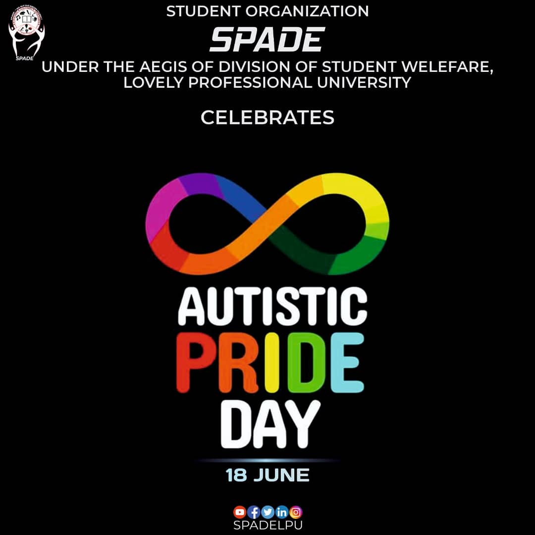 Spadelpu1's tweet photo. Autistic Pride Day is a day for the patients suffering from autism to come together. A day to promote awareness, acceptance and autonomy.
Follow us at:
☑️@spadelpu
☑️Visit https://t.co/Xag41J7r9r
See tags-
#spadelpu #soclpu #autism #autismawareness #autismwarrior #digitalindia https://t.co/PtG6bh8ZXE