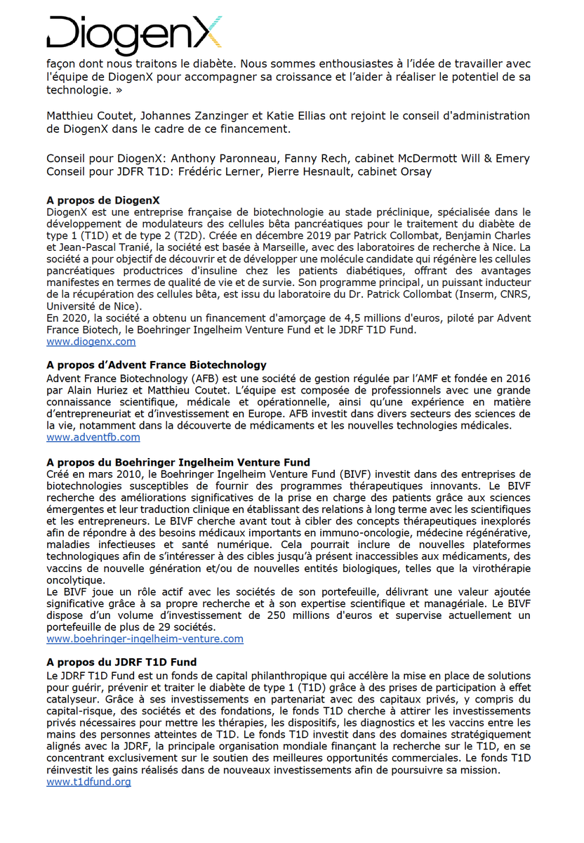 Collombat_P's tweet image. Très heureux de lancer notre propre compagnie, DiogenX, avec le support de  Advent France Biotechnology, Boehringer Ingelheim Venture Fund (Allemagne) et JDRF T1D Fund (Etats-unis).