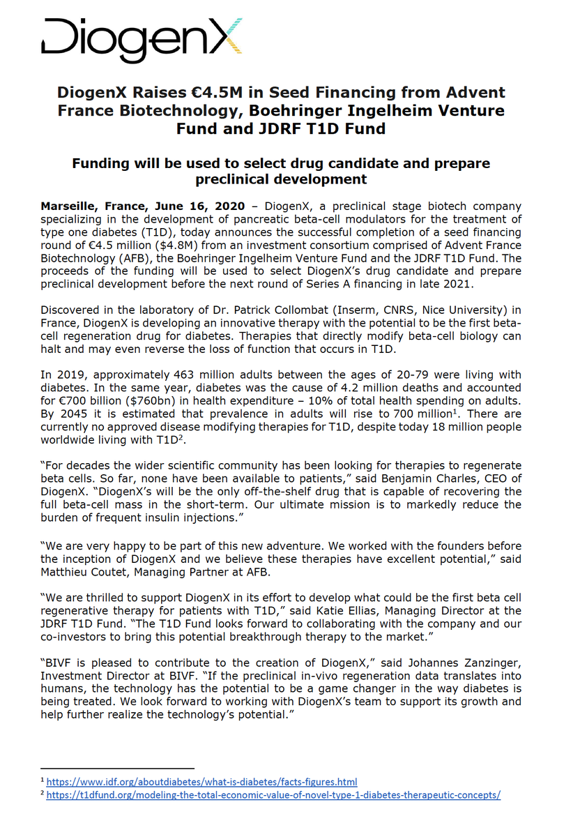 Collombat_P's tweet image. Delighted to launch our own company, DiogenX, with the support of Advent France Biotechnology, Boehringer Ingelheim Venture Fund (DE) and JDRF T1D Fund (US).