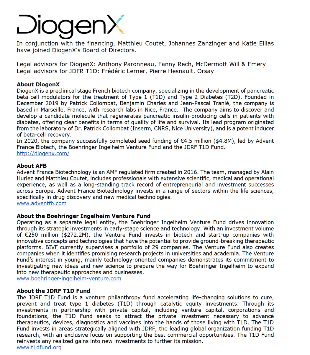 Collombat_P's tweet image. Delighted to launch our own company, DiogenX, with the support of Advent France Biotechnology, Boehringer Ingelheim Venture Fund (DE) and JDRF T1D Fund (US).