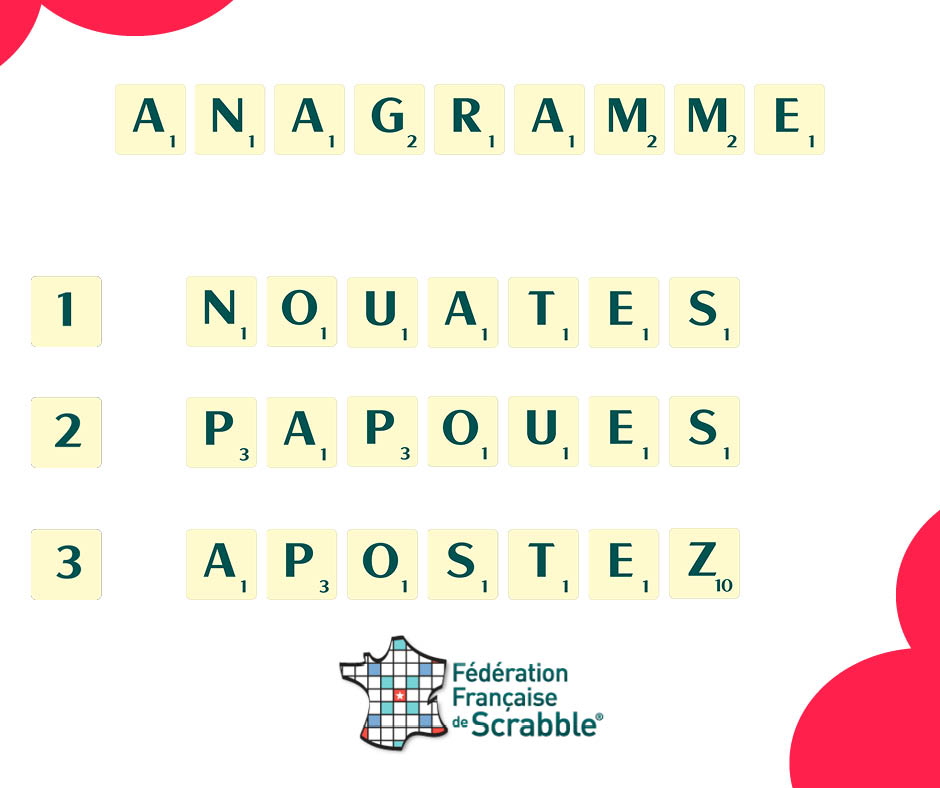 FFScrabble's tweet image. Quelle est l'anagramme de chacun des mots suivants ? Inscrivez votre solution en commentaire ! 🙂