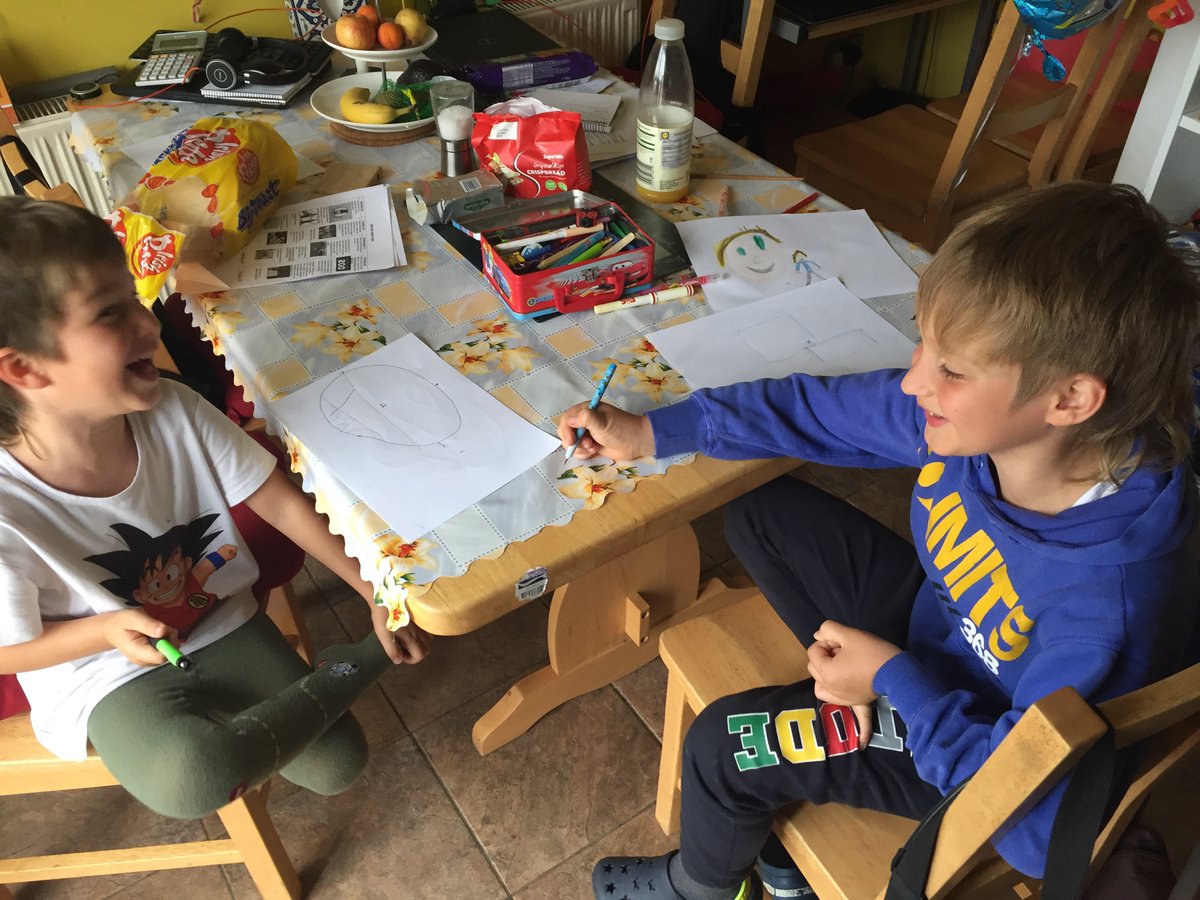PotterKate's tweet photo. @jns_san I and my brother are having loads of fun with this week’s homework: drawing on the ceiling, drawing our portraits and my favorite day at school this year 🙂 - Jenson, Snr Infants https://t.co/tREv0178gV