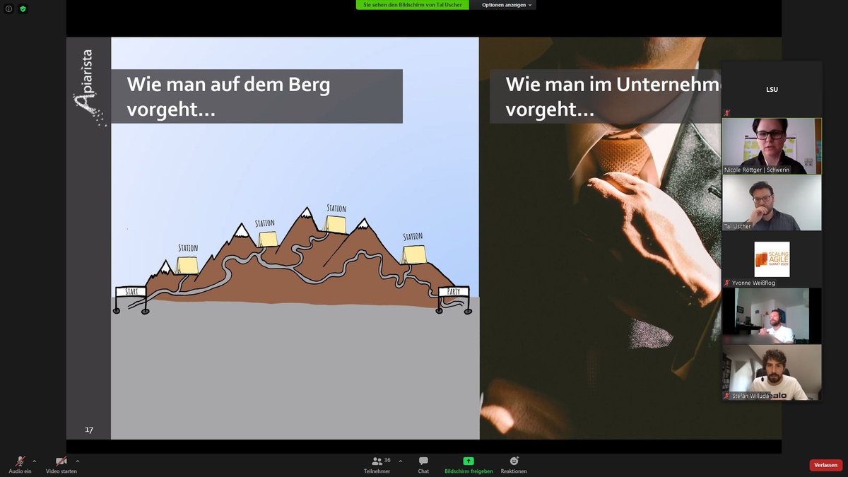 summitcle's tweet image. Es wird interaktiv: Nicole Röttger &amp;amp; Tal Uscher (@ApiaristaCon) erklären uns, warum Scrum Trainer und Organisationsentwickler wandern sollten🥾🏔️Parallel: @CarstenRasche &amp;amp; @EllenThonfeld (@BorisGlogerCons) über die Einbindung der Mitarbeiter beim agilen Skalieren.
#sasummit2020