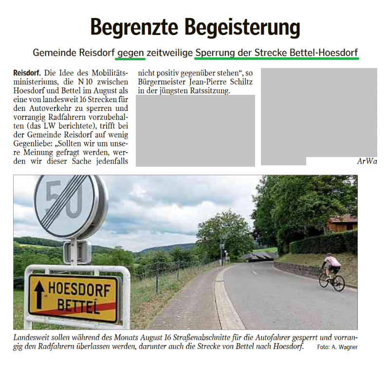 luxembourgize's tweet photo. Sadly, mayor Schiltz (Reisdorf) does not consider bicycles as part of mobility: in the press, he is quoted as opponent to temporary #Popupbikeroad in August between Reisdorf and Bettel (#PC3Lux!). This despite existence of a parallel road (with bridges) on German side!? https://t.co/ICz2oDqVMR