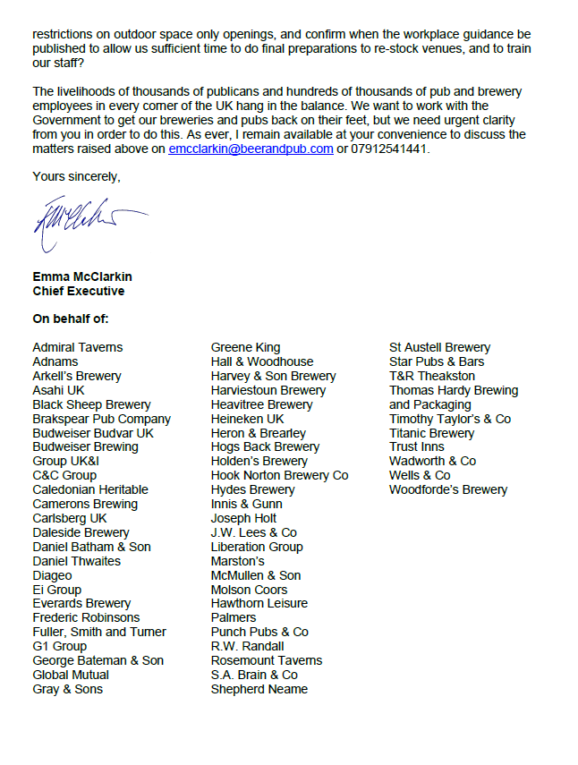 The livelihoods of thousands of publicans and hundreds of thousands of pub &amp; brewery employees hang in the balance. We need clarity from the British government as to how the hospitality industry is to reopen. 

A letter to <a href="/BorisJohnson/">Boris Johnson</a> from <a href="/beerandpub/">British Beer & Pub Association</a> and fellow industry peers.