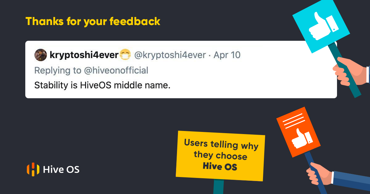 hiveonofficial's tweet photo. Great to hear your feedback, it motivates us. 💪⛏️
Thanks for being with us.
#hiveos #feedback #miningOS #stability https://t.co/jMTFWcRZjK
