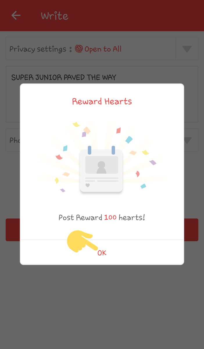 5. Heart Box (Daily Chart)1. Go to my My Idol and click Super Junior2. Write post = 100 hearts #SUPERJUNIOR    #슈퍼주니어  @SJofficial