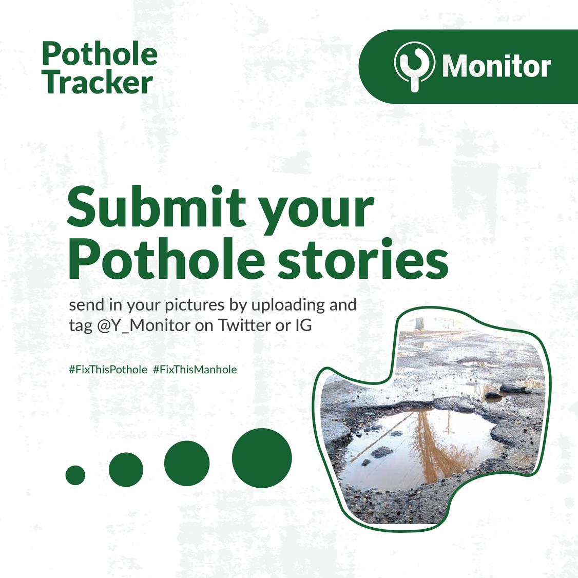 ymonitorng's tweet photo. We're certain this affects you, share your story, share pictures of that huge pothole in your street, neighbourhood, tag @Y_Monitor on all platforms, join the conversation, join the movement for better roads!
___
Upload, tag us, use the hashtag #FixThisPothole
#YMonitor https://t.co/IyTHWWgPf2