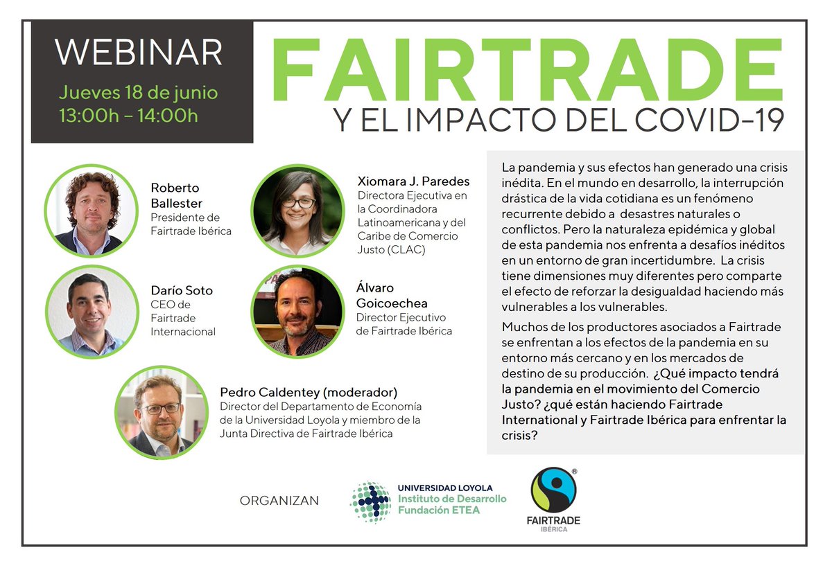 📢En breve comienza el coloquio sobre #ComercioJusto en tiempos de coronavirus
 Con la participación de #FairTradeIbérica @fairtradeES  #CoordinadoraLatinoamericanaCaribe <a href="/CLACFairtrade/">CLAC -Fairtrade</a> y #FairTradeInternacional @fairtradeES
⏰ 18/06  13 h
Registro 👇 
bit.ly/fairtradeycovi…